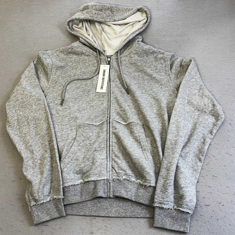BDG Zip Up Hoodie Women Large Gray Distressed Raw Hem Urban Outfitters Casual